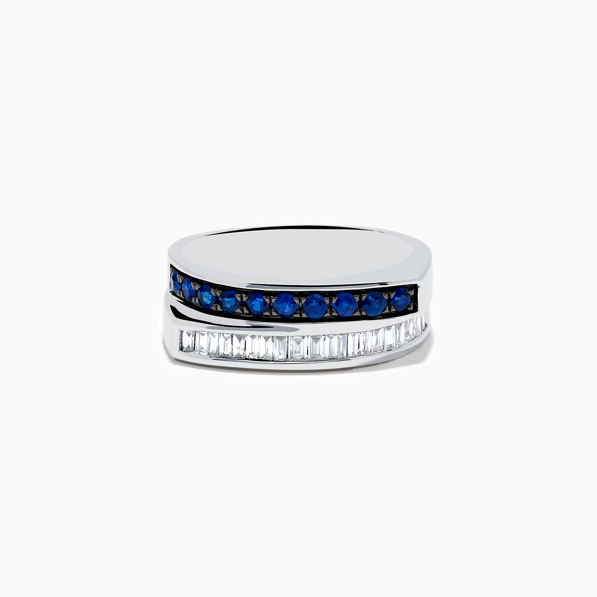 The Royal Bleu 14K White Gold Sapphire and Diamond Band Ring showcases a row of blue sapphires above rectangular white diamonds in a modern, asymmetrical silver band, set against a plain white background.
