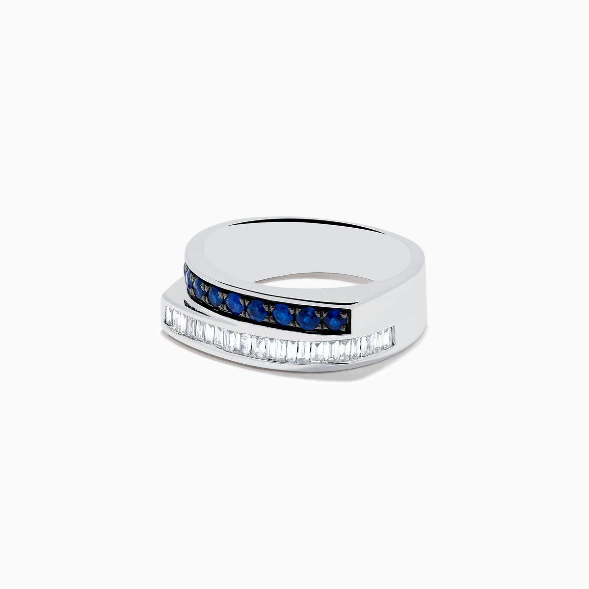 The Royal Bleu 14K White Gold Sapphire and Diamond Band Ring showcases a row of blue sapphires above rectangular white diamonds in a modern, asymmetrical silver band, set against a plain white background.