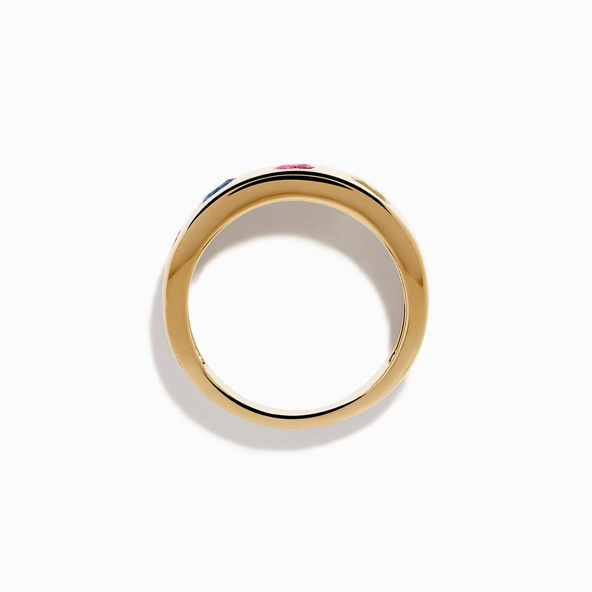 The Watercolors 14K Yellow Gold Multi Sapphire Wedding Band features five sapphires in square, rectangular, heart, oval, and round shapes set evenly around the band.