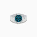 The Mens 14K White Gold Blue and White Diamond Ring features a round face with blue diamonds at the center, encircled by a border of sparkling white stones.