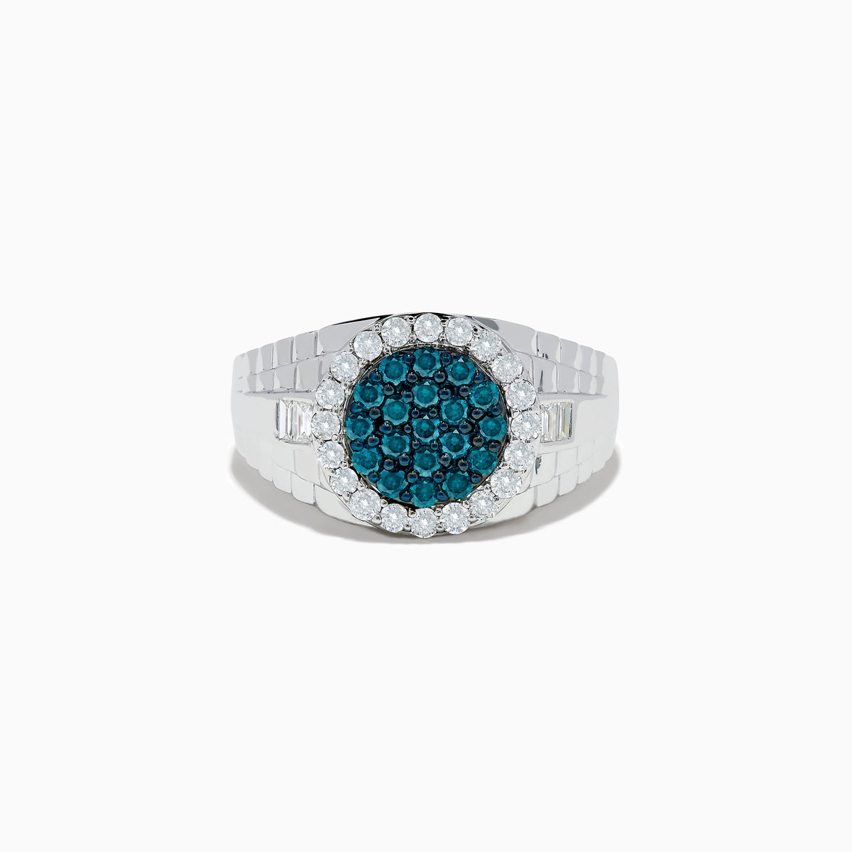 The Mens 14K White Gold Blue and White Diamond Ring features a round face with blue diamonds at the center, encircled by a border of sparkling white stones.