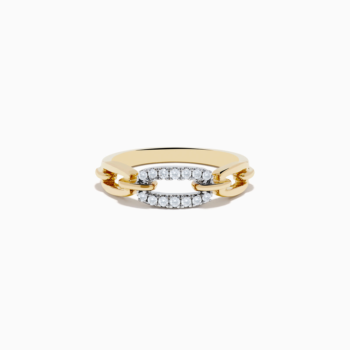 The DOro 14K Two Tone Gold Diamond Interlocking Links Ring showcases a chain-link design with sparkling white diamonds set on one link, elegantly displayed on a white background.