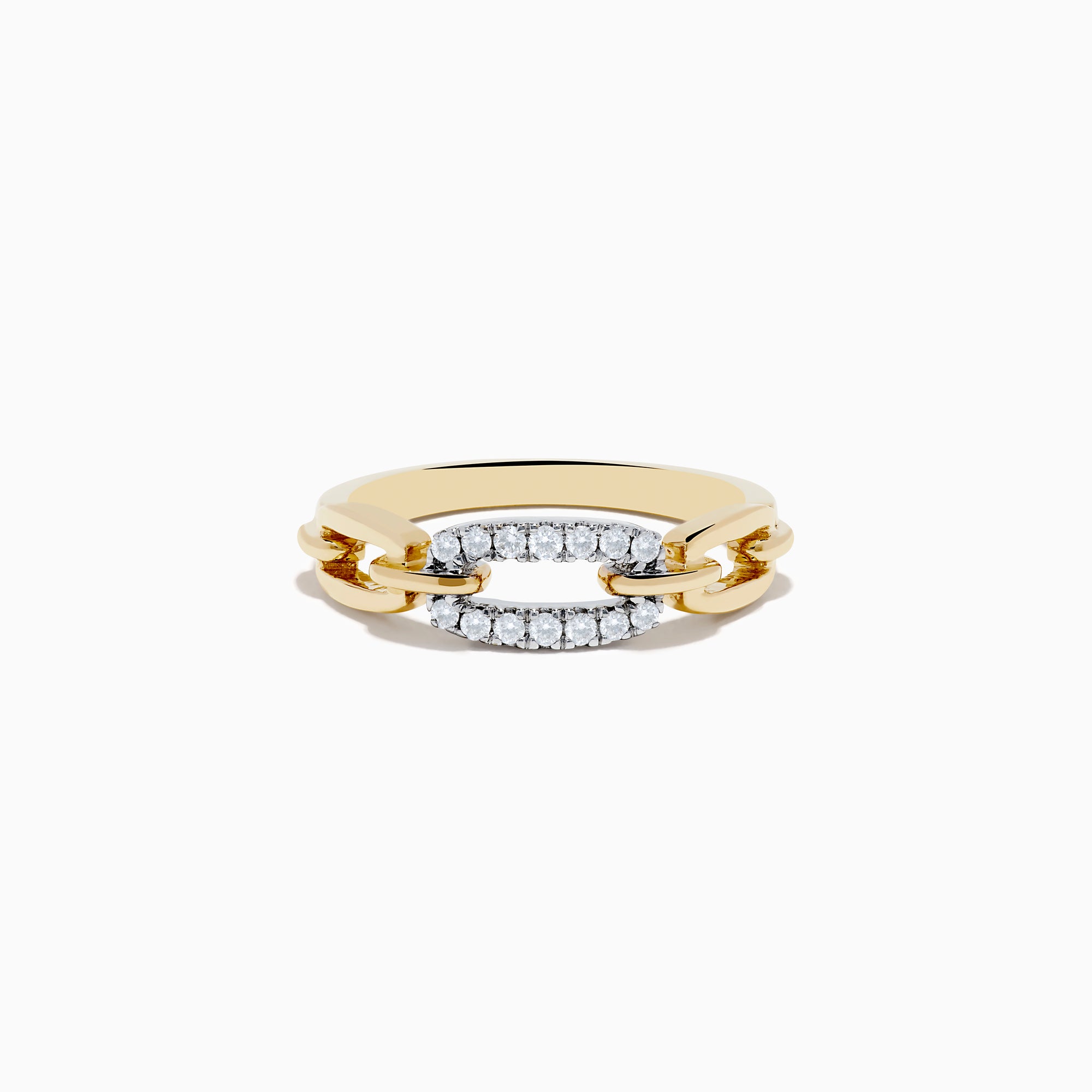 The DOro 14K Two Tone Gold Diamond Interlocking Links Ring showcases a chain-link design with sparkling white diamonds set on one link, elegantly displayed on a white background.