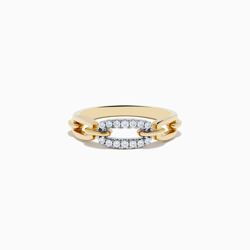 The DOro 14K Two Tone Gold Diamond Interlocking Links Ring showcases a chain-link design with sparkling white diamonds set on one link, elegantly displayed on a white background.