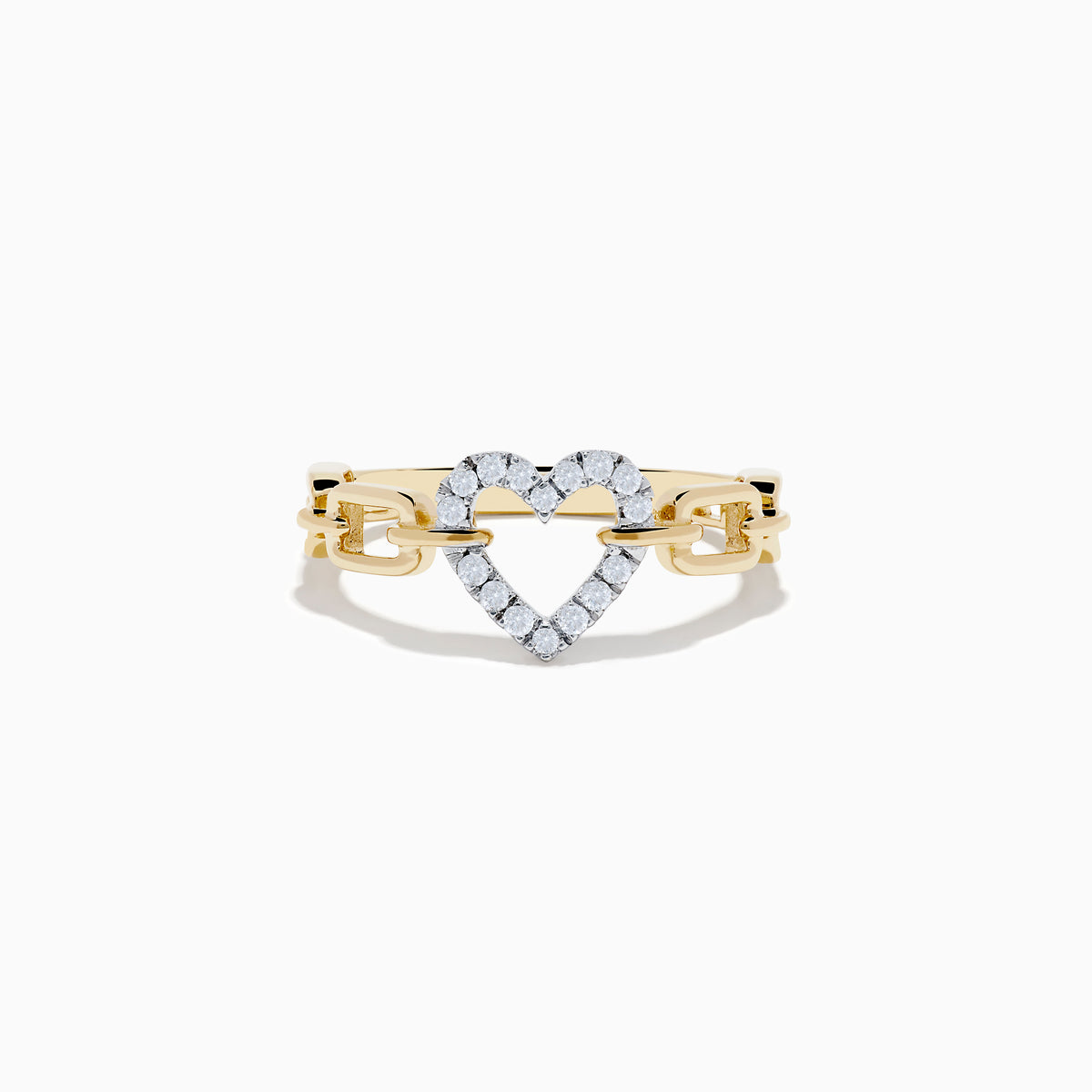 The Novelty 14K Two Tone Gold Diamond Heart Ring showcases a diamond-outlined heart at the center, joined on both sides by a chain-link inspired gold band.