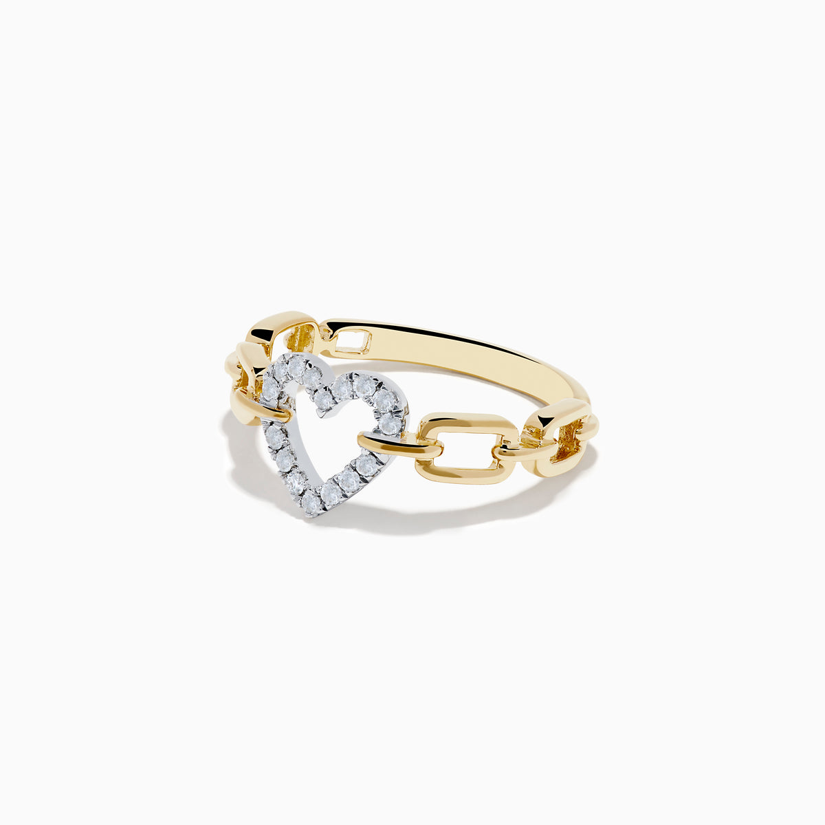 The Novelty 14K Two Tone Gold Diamond Heart Ring showcases a diamond-outlined heart at the center, joined on both sides by a chain-link inspired gold band.