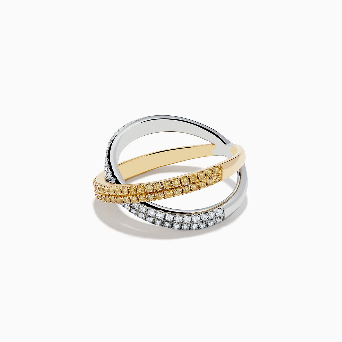The Canare 14k Two Tone Yellow and White Diamond Criss Cross Ring (0.78 TCW) features intersecting bands—one adorned with white diamonds, the other with yellow—for a dazzling contrast against a white background.
