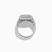 The 14K White Gold Diamond Cluster Ring showcases rectangular and round-cut diamonds in an oval setting with two halo layers on a diamond-accented split shank band.