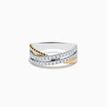 The Duo 14K White & Yellow Gold Diamond Crossover Ring features intertwined 14K white gold bands with diamonds and a twisted yellow gold accent, creating an elegant layered look against a white background.