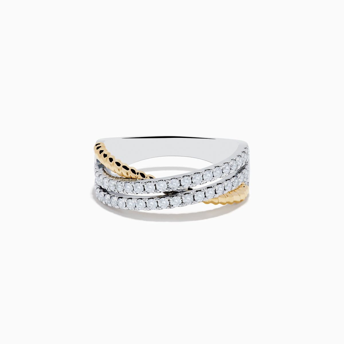 The Duo 14K White & Yellow Gold Diamond Crossover Ring features intertwined 14K white gold bands with diamonds and a twisted yellow gold accent, creating an elegant layered look against a white background.