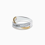 The Duo 14K White & Yellow Gold Diamond Crossover Ring features intertwined 14K white gold bands with diamonds and a twisted yellow gold accent, creating an elegant layered look against a white background.
