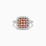 The 14K Two Tone Gold White and Pink Diamond Ring features a square cluster of pink stones at its center, bordered by white diamonds on the face and set on a polished band, showcasing the elegance of diamond accents.