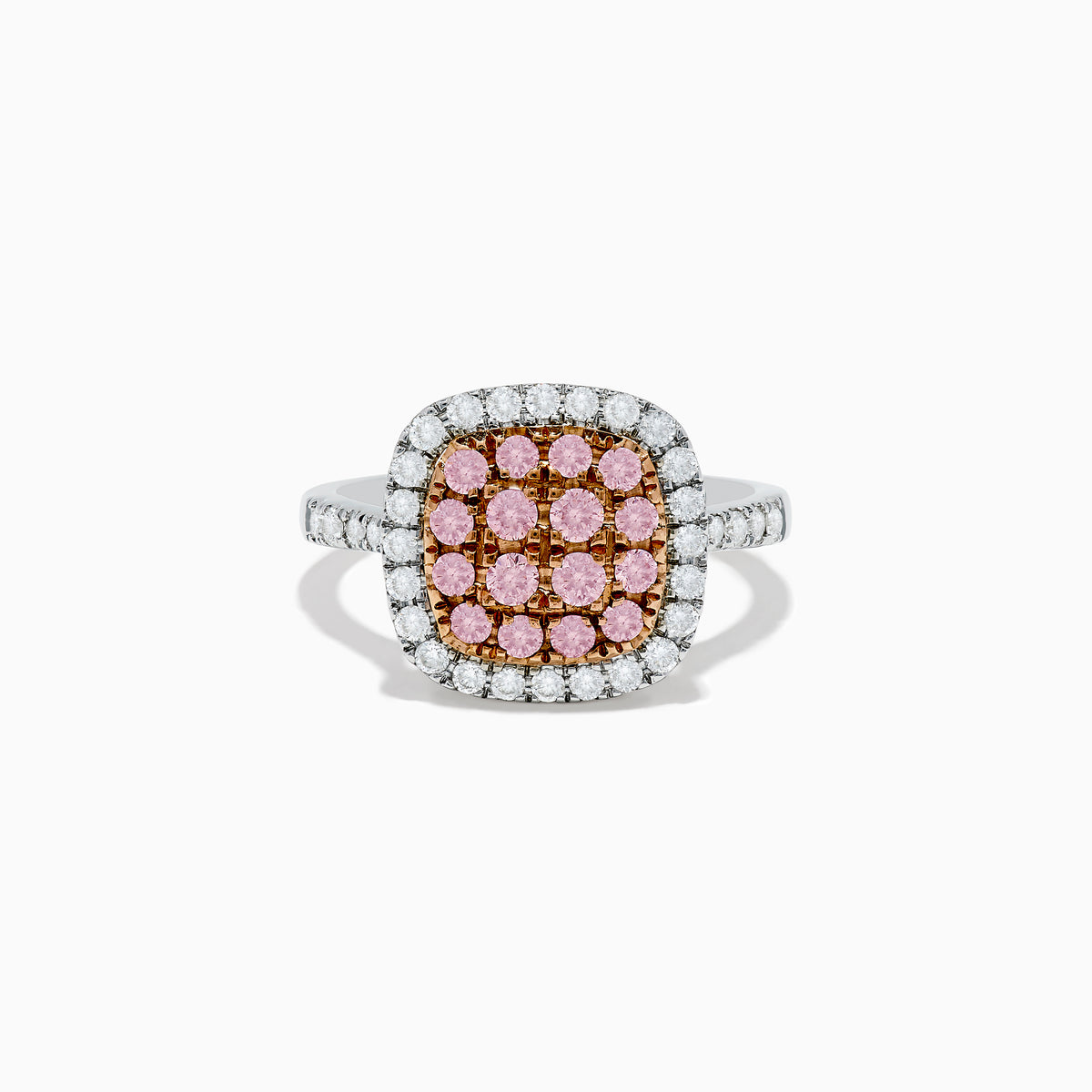 The 14K Two Tone Gold White and Pink Diamond Ring features a square cluster of pink stones at its center, bordered by white diamonds on the face and set on a polished band, showcasing the elegance of diamond accents.