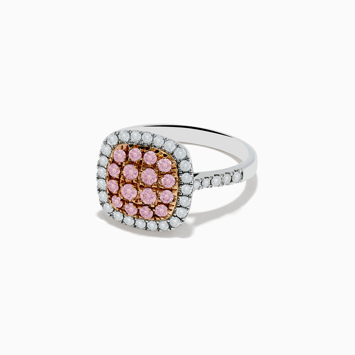 The 14K Two Tone Gold White and Pink Diamond Ring features a square cluster of pink stones at its center, bordered by white diamonds on the face and set on a polished band, showcasing the elegance of diamond accents.