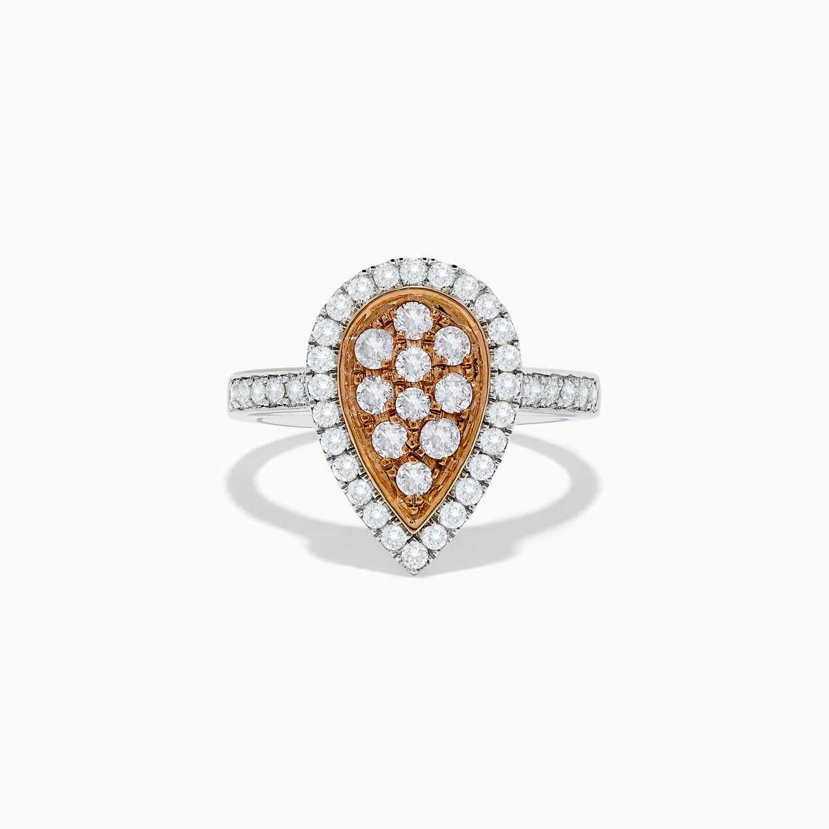 The 14K Two Tone Gold White and Pink Diamond Ring features a teardrop shape with a rose gold center set with white diamonds, surrounded by a halo and band of more white diamonds for a polished, elegant look.