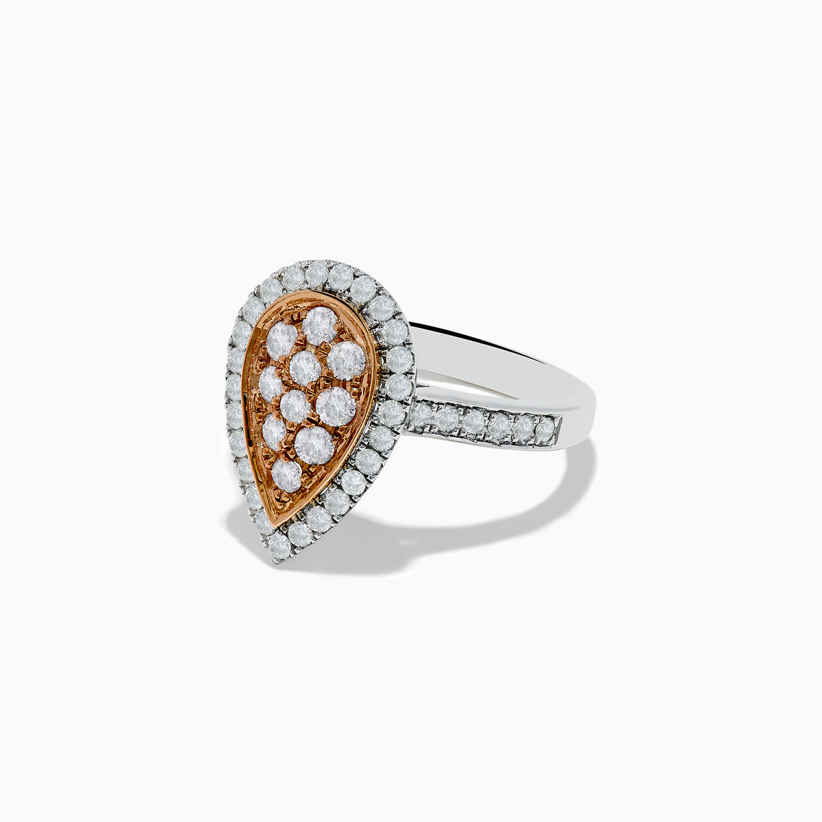 The 14K Two Tone Gold White and Pink Diamond Ring features a teardrop shape with a rose gold center set with white diamonds, surrounded by a halo and band of more white diamonds for a polished, elegant look.