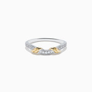 The Duo 14K White and Yellow Gold Diamond Ring features a row of small diamonds on a white gold band, accented with two yellow gold leaf-shaped designs at the front.