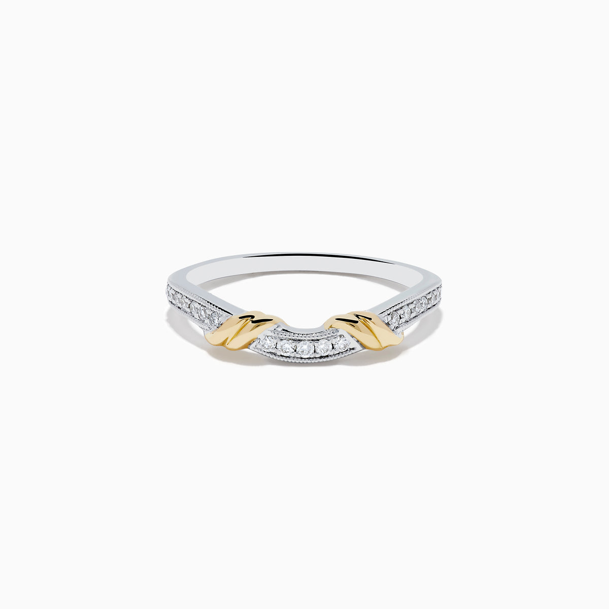 The Duo 14K White and Yellow Gold Diamond Ring features a row of small diamonds on a white gold band, accented with two yellow gold leaf-shaped designs at the front.