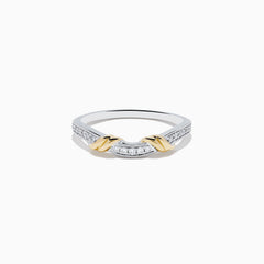 The Duo 14K White and Yellow Gold Diamond Ring features a row of small diamonds on a white gold band, accented with two yellow gold leaf-shaped designs at the front.