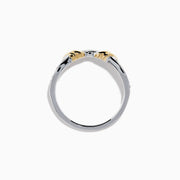 The Duo 14K White and Yellow Gold Diamond Ring features a row of small diamonds on a white gold band, accented with two yellow gold leaf-shaped designs at the front.