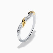 The Duo 14K White and Yellow Gold Diamond Ring features a row of small diamonds on a white gold band, accented with two yellow gold leaf-shaped designs at the front.
