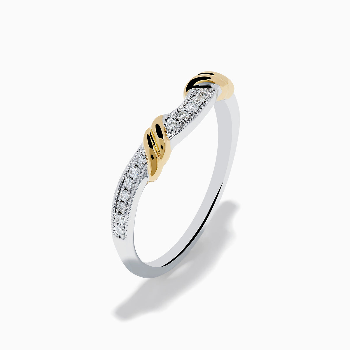 The Duo 14K White and Yellow Gold Diamond Ring features a row of small diamonds on a white gold band, accented with two yellow gold leaf-shaped designs at the front.