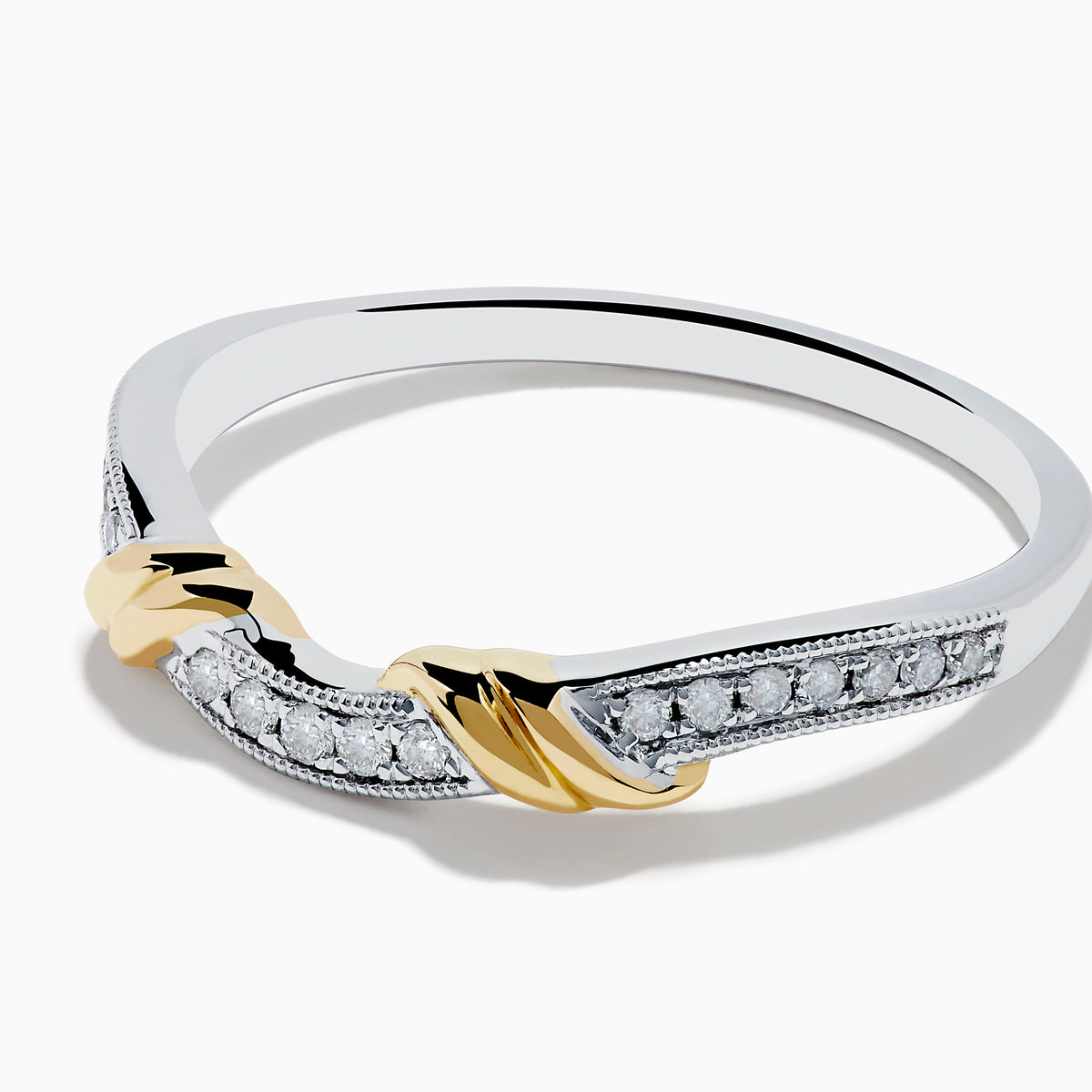 The Duo 14K White and Yellow Gold Diamond Ring features a row of small diamonds on a white gold band, accented with two yellow gold leaf-shaped designs at the front.