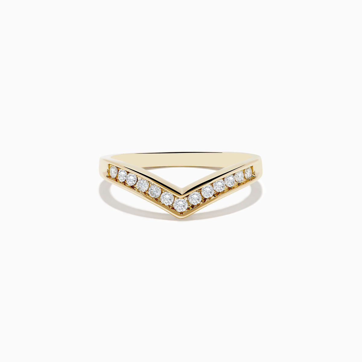 The 14K Yellow Gold Contoured Diamond Band Ring features a row of small round diamonds set along its V-shaped front and is displayed on a plain white background.