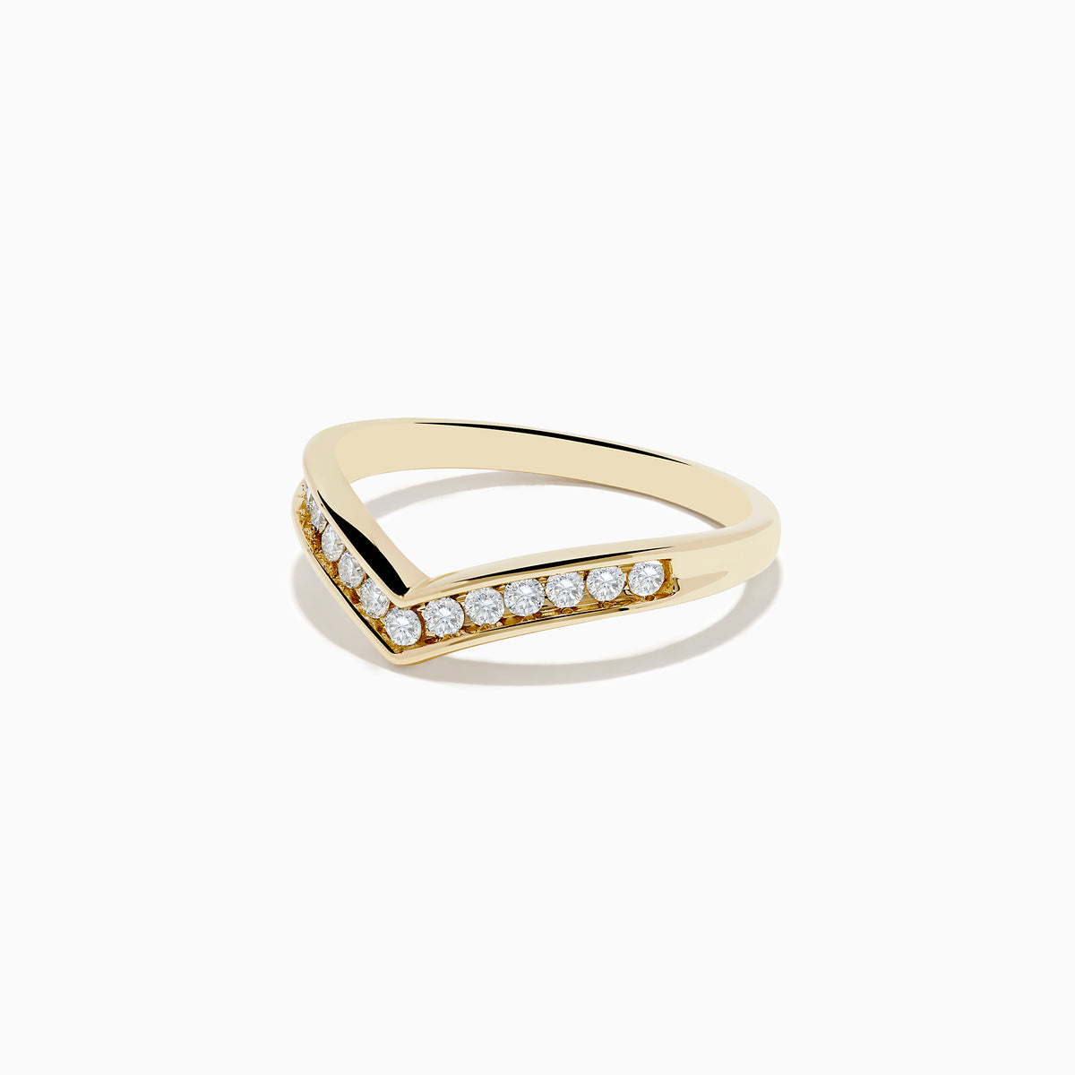 The 14K Yellow Gold Contoured Diamond Band Ring features a row of small round diamonds set along its V-shaped front and is displayed on a plain white background.