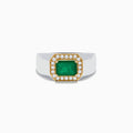 The 14K White & Yellow Gold Emerald and Diamond Ring features a rectangular emerald framed by small white diamonds on a wide, polished gold band.