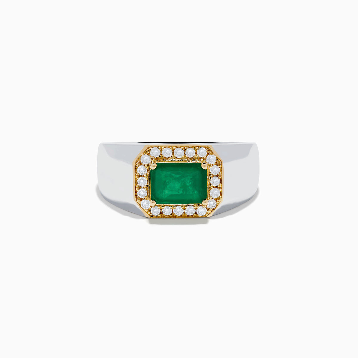 The 14K White & Yellow Gold Emerald and Diamond Ring features a rectangular emerald framed by small white diamonds on a wide, polished gold band.