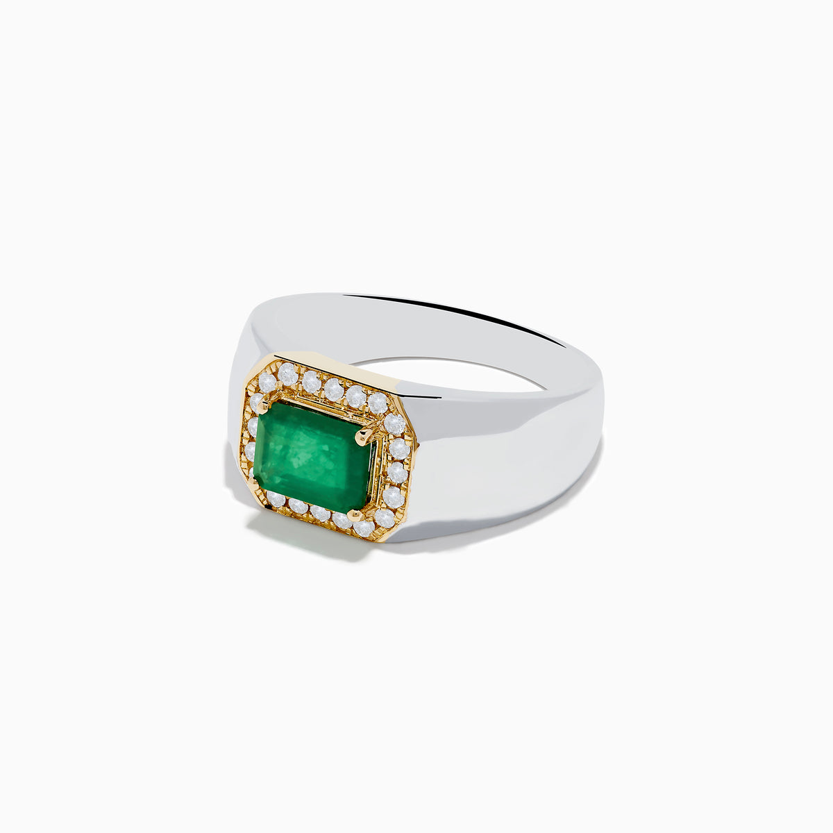 The 14K White & Yellow Gold Emerald and Diamond Ring features a rectangular emerald framed by small white diamonds on a wide, polished gold band.