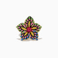 The 14K Yellow Gold Multi Color Sapphire, Ruby and Tsavorite Flower Ring features pink, yellow, green, and blue gemstones with black petal outlines in a stunning flower design.
