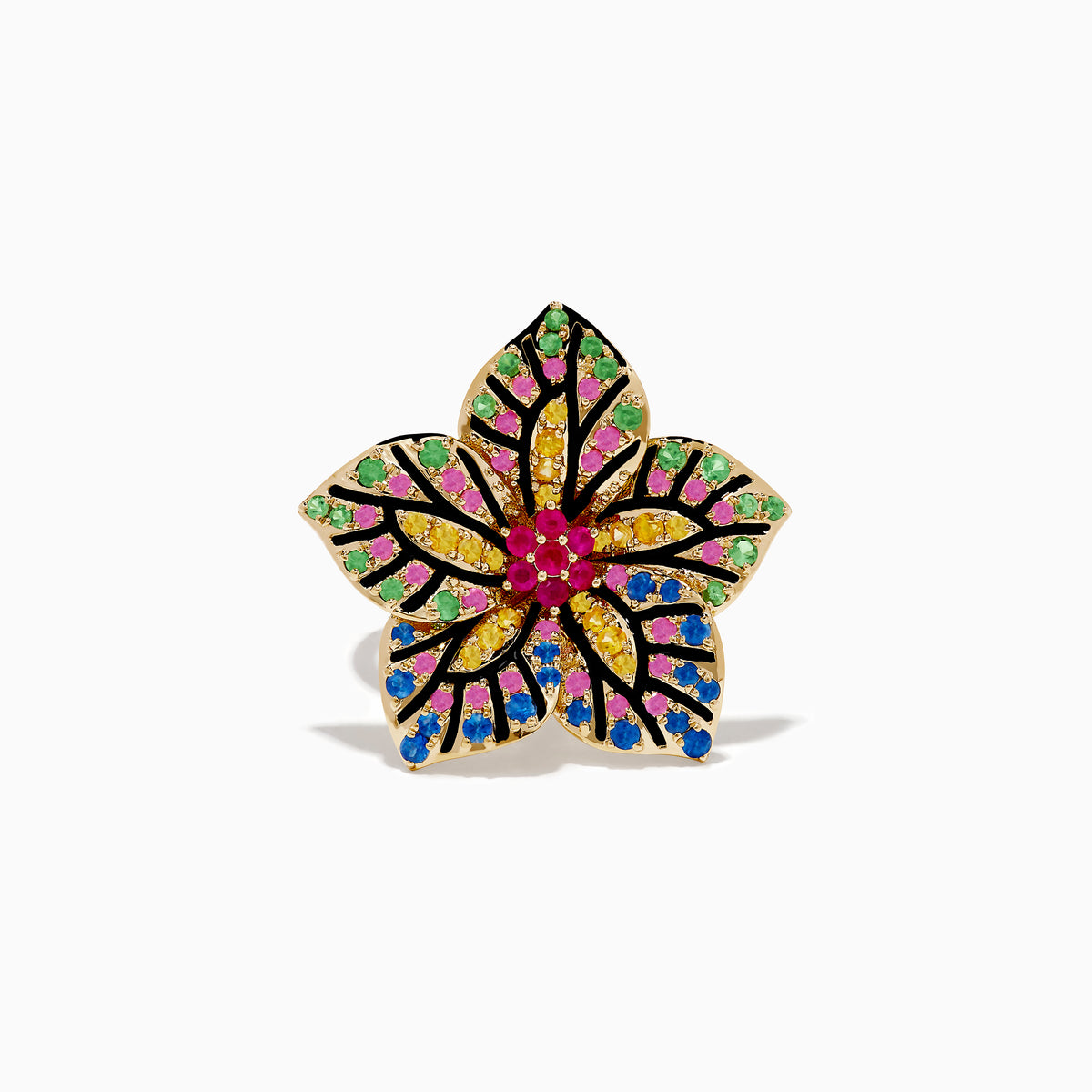 The 14K Yellow Gold Multi Color Sapphire, Ruby and Tsavorite Flower Ring features pink, yellow, green, and blue gemstones with black petal outlines in a stunning flower design.