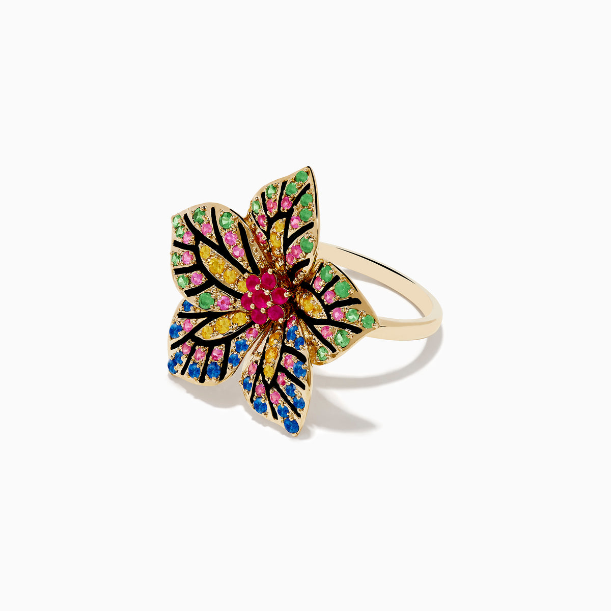 The 14K Yellow Gold Multi Color Sapphire, Ruby and Tsavorite Flower Ring features pink, yellow, green, and blue gemstones with black petal outlines in a stunning flower design.