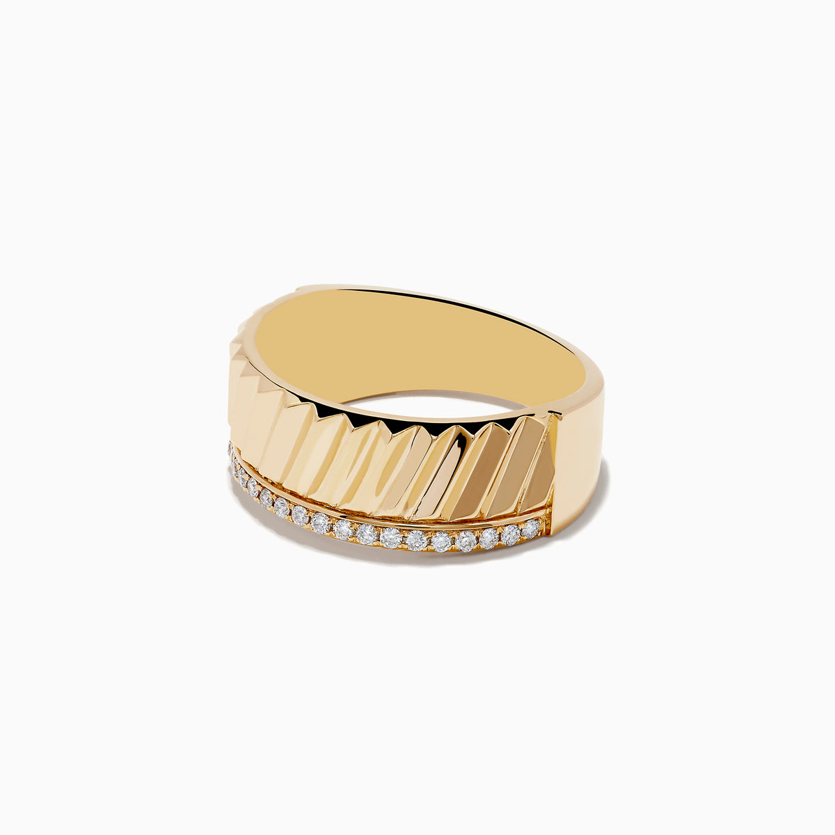 The Mens 14K Yellow Gold Diamond Ring features a diagonal ridged band with a row of sparkling white diamonds set along one edge.