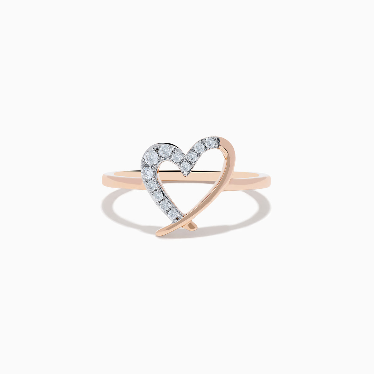 The 14K Rose Gold Diamond Open Heart Ring, featuring a delicate open heart partially adorned with sparkling diamonds, is displayed against a white background.