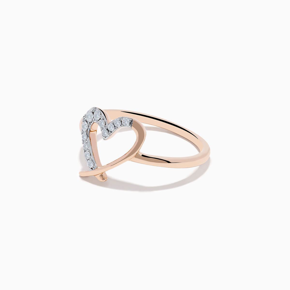 The 14K Rose Gold Diamond Open Heart Ring, featuring a delicate open heart partially adorned with sparkling diamonds, is displayed against a white background.