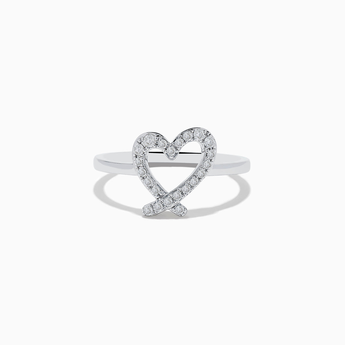 The Novelty 14K White Gold Heart Ring features an open-heart design adorned with sparkling diamonds, shown against a plain white background.