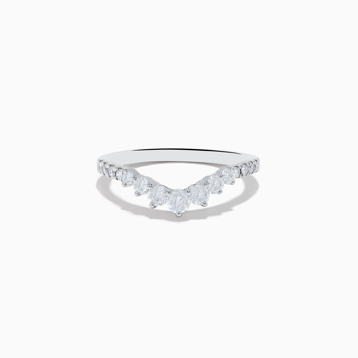The 14K White Gold Diamond Contoured Stacking Band 0.49 TCW features graduated round and marquise-cut diamonds along the front, displayed on a plain white background.