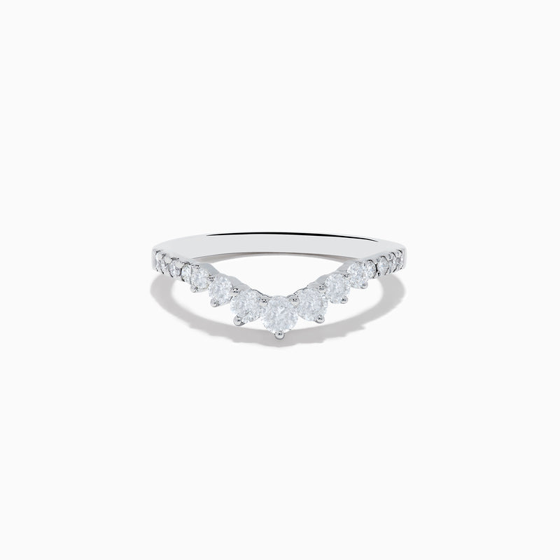 The 14K White Gold Diamond Contoured Stacking Band 0.49 TCW features graduated round and marquise-cut diamonds along the front, displayed on a plain white background.