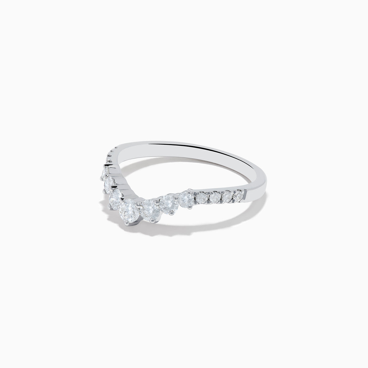 The 14K White Gold Diamond Contoured Stacking Band 0.49 TCW features graduated round and marquise-cut diamonds along the front, displayed on a plain white background.