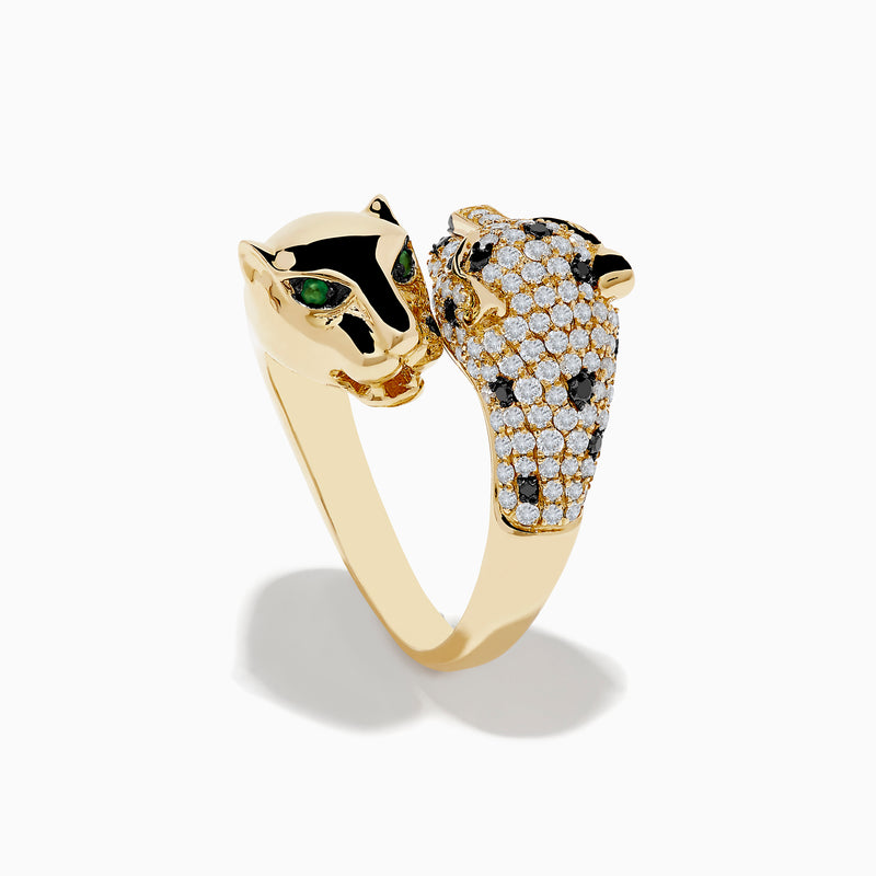 The Signature 14K Yellow Gold Diamond and Emerald Double Panther Ring showcases two panther heads—one with smooth gold and emerald-green gem eyes, the other adorned with sparkling diamonds and black gemstones—set on a white background.