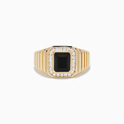 The Men's 14K Yellow Gold Onyx and Diamond Signet Ring showcases a rectangular black onyx centerpiece bordered by clear diamonds, with a ribbed band for added elegance.