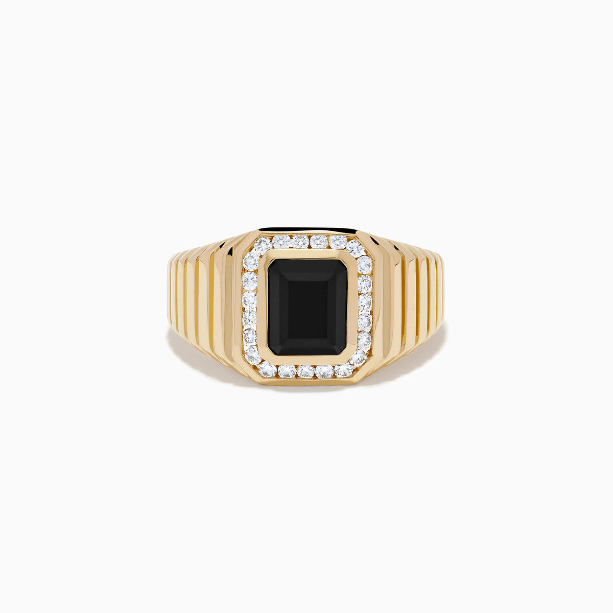 The Men's 14K Yellow Gold Onyx and Diamond Signet Ring showcases a rectangular black onyx centerpiece bordered by clear diamonds, with a ribbed band for added elegance.