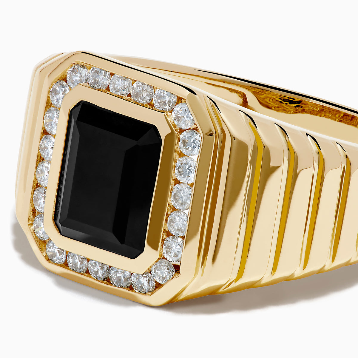 The Men's 14K Yellow Gold Onyx and Diamond Signet Ring showcases a rectangular black onyx centerpiece bordered by clear diamonds, with a ribbed band for added elegance.