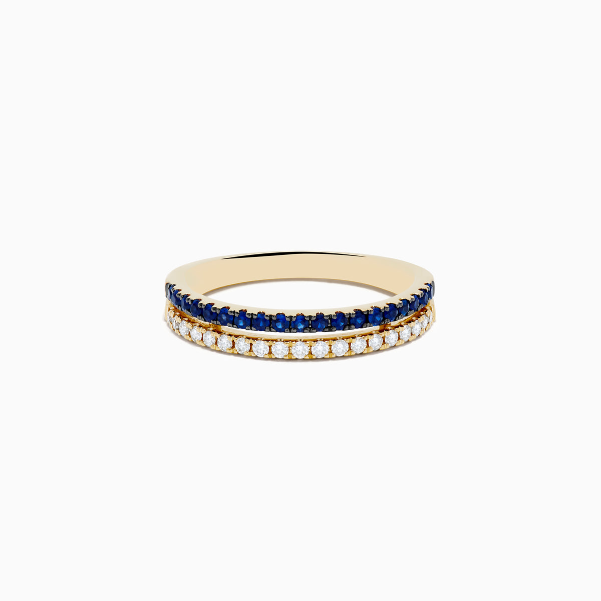 The 14K Yellow Gold Sapphire and Diamond Stacked Band Ring features two rows: sapphires on top and clear, diamond-like stones below, displayed on a white background.
