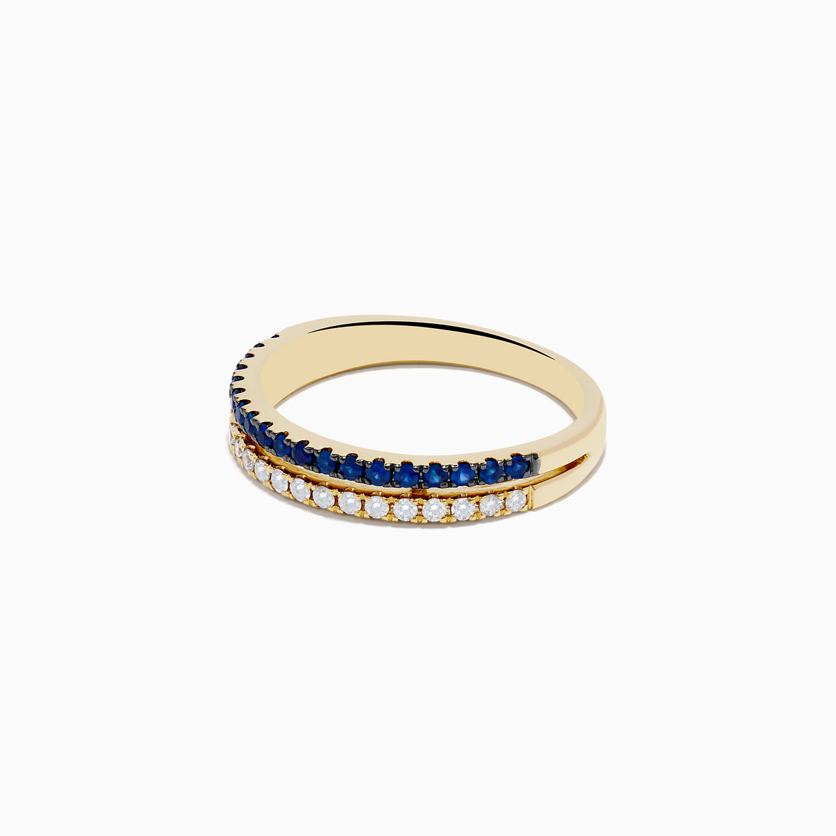 The 14K Yellow Gold Sapphire and Diamond Stacked Band Ring features two rows: sapphires on top and clear, diamond-like stones below, displayed on a white background.