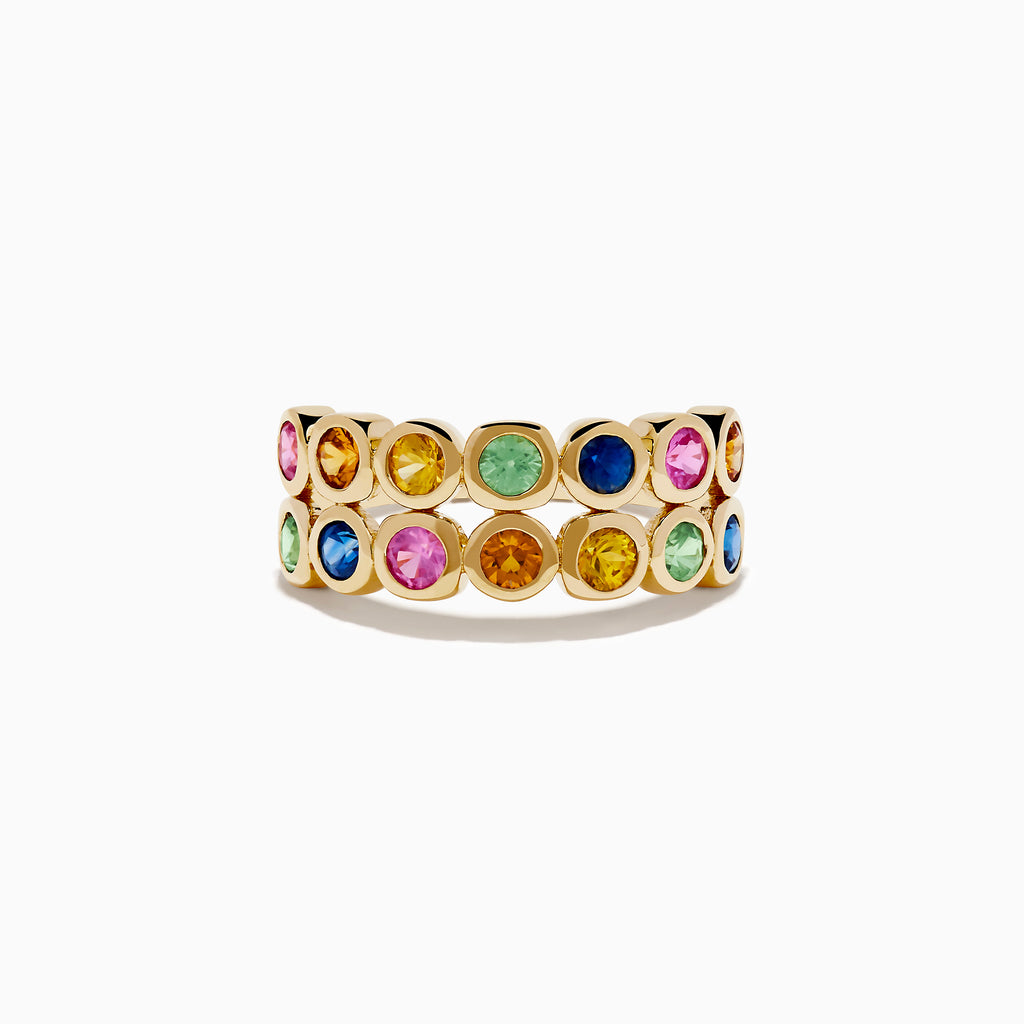 The Watercolors 14K Yellow Gold Multi Sapphire Double Row Band Ring showcases bezel-set green, blue, pink, yellow, and orange sapphires in two rows for a vibrant, colorful look.