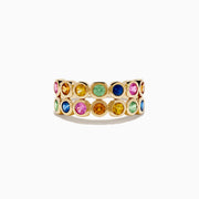 The Watercolors 14K Yellow Gold Multi Sapphire Double Row Band Ring showcases bezel-set green, blue, pink, yellow, and orange sapphires in two rows for a vibrant, colorful look.